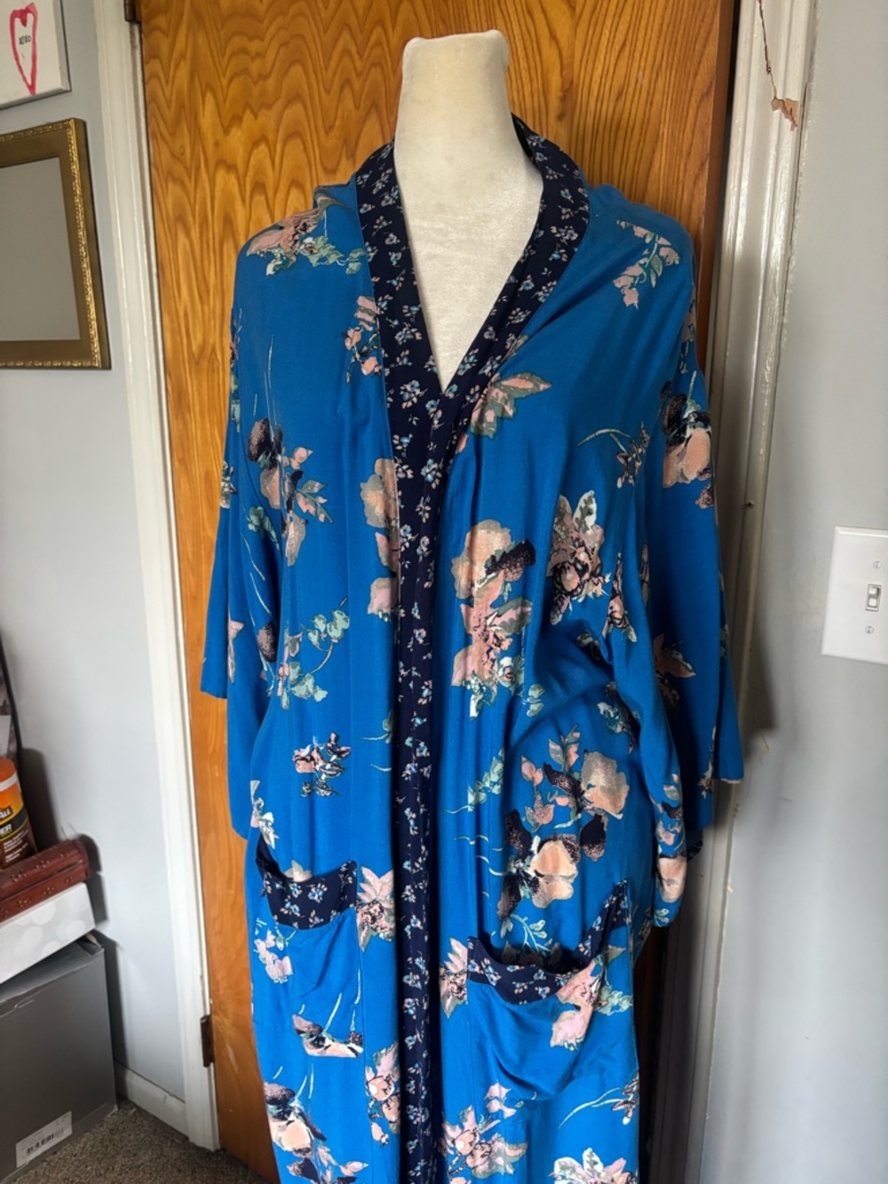 Target Blue Floral Kimono Robe with Navy Trim